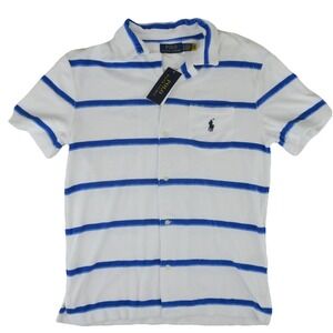 Polo Ralph Lauren Terry Cloth Button Up Shirt Mens Small Blue White Striped Pony
